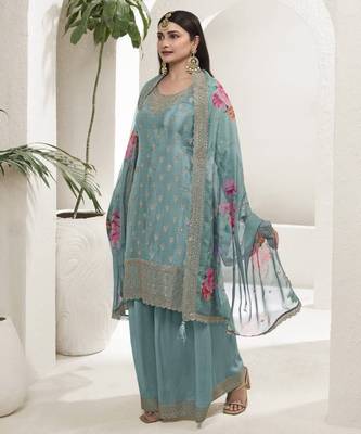 Sky viscose semi stitched suit with embroidery & sequence work 2