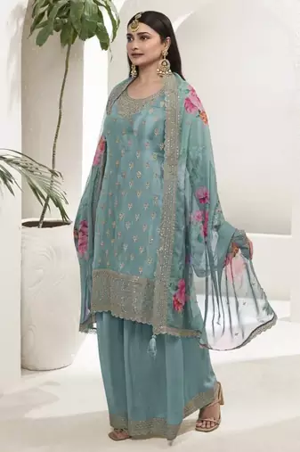 Sky viscose semi stitched suit with embroidery & sequence work