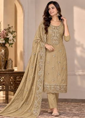 Beige chiffon semi stitched suit with embroidery & sequence work 1