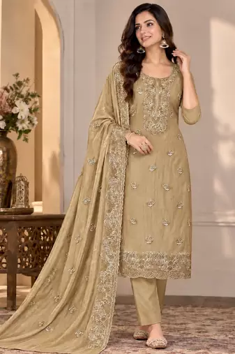 Beige chiffon semi stitched suit with embroidery & sequence work