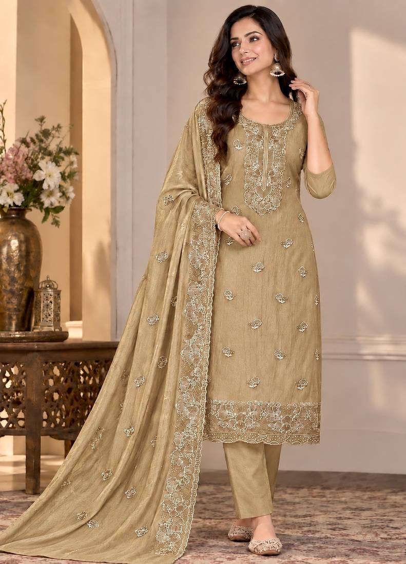 Beige chiffon semi stitched suit with embroidery & sequence work