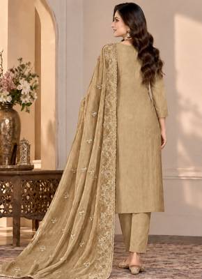 Beige chiffon semi stitched suit with embroidery & sequence work 2