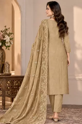 Beige chiffon semi stitched suit with embroidery & sequence work
