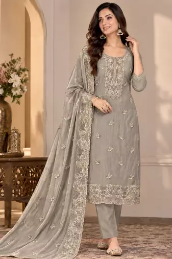 Grey chiffon semi stitched suit with embroidery & sequence work