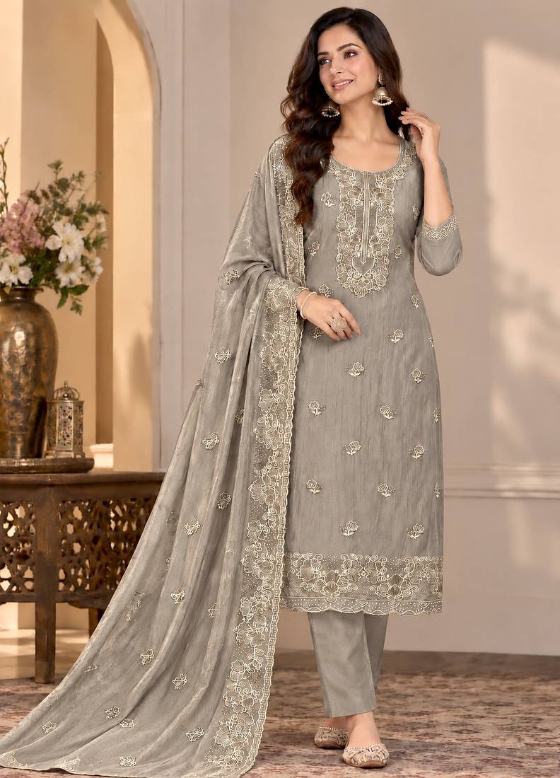 Grey chiffon semi stitched suit with embroidery & sequence work