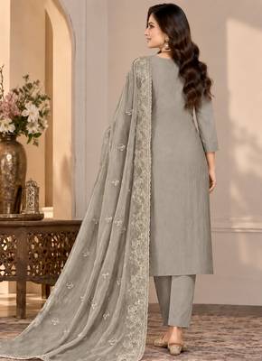 Grey chiffon semi stitched suit with embroidery & sequence work 2