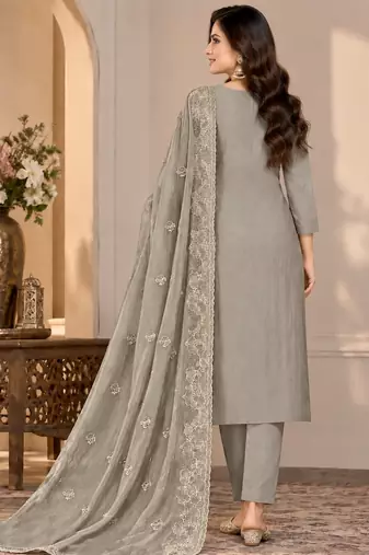 Grey chiffon semi stitched suit with embroidery & sequence work