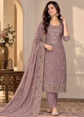 Mauve chiffon semi stitched suit with embroidery & sequence work 1