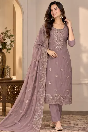 Mauve chiffon semi stitched suit with embroidery & sequence work