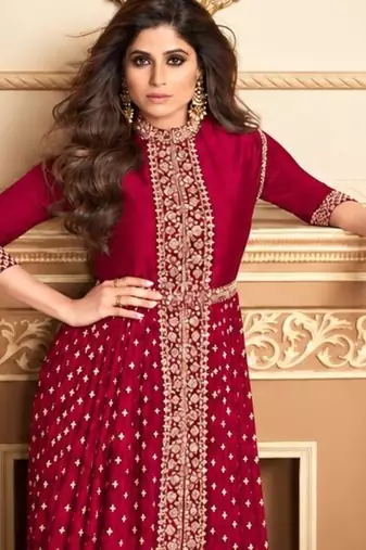 Rani georgette semi stitched suit with embroidery & stone work
