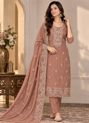 Peach chiffon semi stitched suit with embroidery & sequence work 1