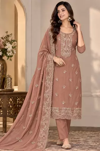 Peach chiffon semi stitched suit with embroidery & sequence work