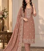 Peach chiffon semi stitched suit with embroidery & sequence work