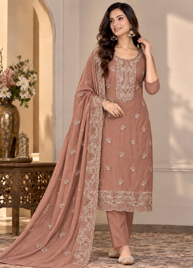 Peach chiffon semi stitched suit with embroidery & sequence work