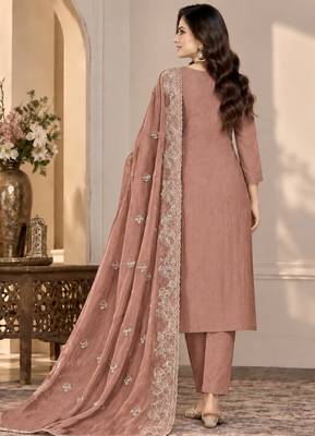 Peach chiffon semi stitched suit with embroidery & sequence work 2
