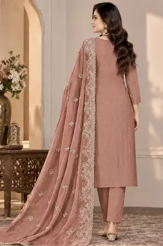 Peach chiffon semi stitched suit with embroidery & sequence work