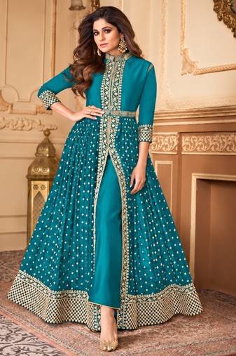 Sky georgette semi stitched suit with embroidery & stone work