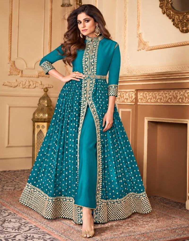 Sky georgette semi stitched suit with embroidery & stone work