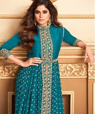 Sky georgette semi stitched suit with embroidery & stone work 2