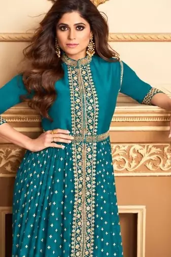 Sky georgette semi stitched suit with embroidery & stone work