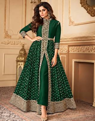 Dark  green georgette semi stitched suit with embroidery & stone work 1