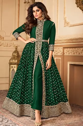 Dark  green georgette semi stitched suit with embroidery & stone work