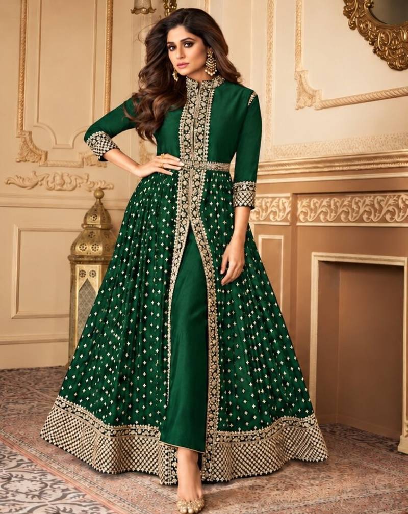 Dark  green georgette semi stitched suit with embroidery & stone work