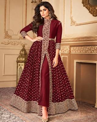 Maroon georgette semi stitched suit with embroidery & stone work 1