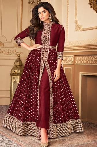 Maroon georgette semi stitched suit with embroidery & stone work