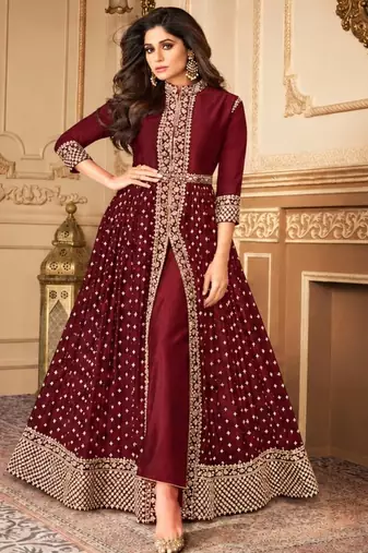 Maroon georgette semi stitched suit with embroidery & stone work