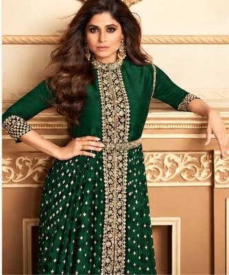 Dark  green georgette semi stitched suit with embroidery & stone work 2