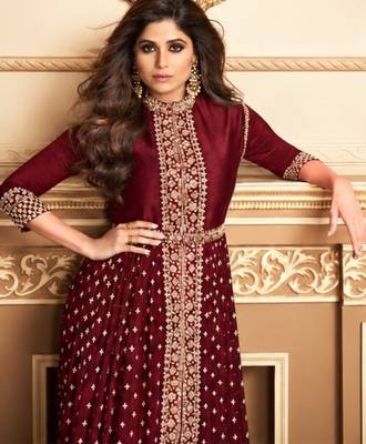 Maroon georgette semi stitched suit with embroidery & stone work 2