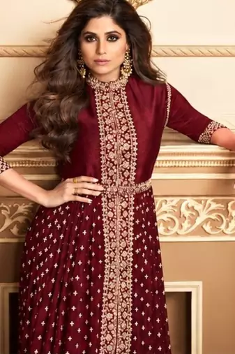 Maroon georgette semi stitched suit with embroidery & stone work