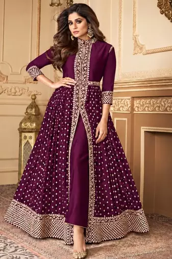 Wine georgette semi stitched suit with embroidery & stone work