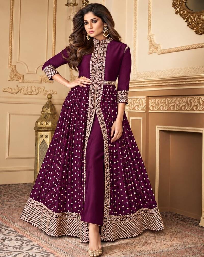 Wine georgette semi stitched suit with embroidery & stone work