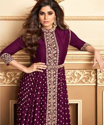 Wine georgette semi stitched suit with embroidery & stone work 2
