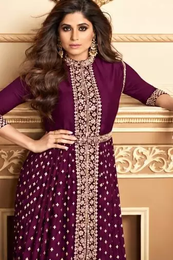 Wine georgette semi stitched suit with embroidery & stone work