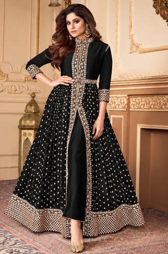 Black georgette semi stitched suit with embroidery & stone work