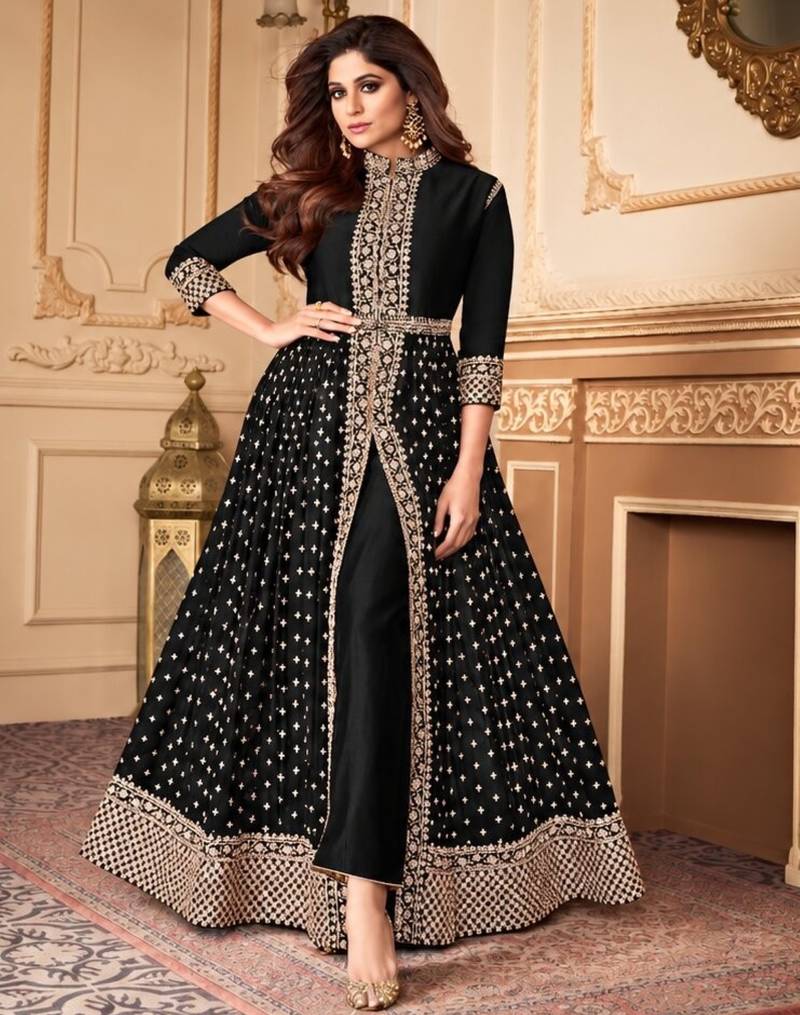 Black georgette semi stitched suit with embroidery & stone work