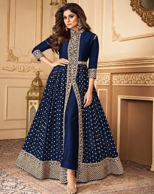 Navy georgette semi stitched suit with embroidery & stone work 1