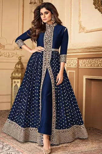 Navy georgette semi stitched suit with embroidery & stone work