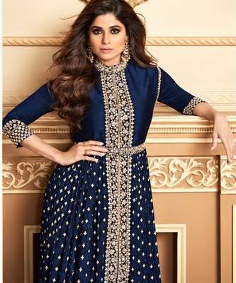 Navy georgette semi stitched suit with embroidery & stone work 2