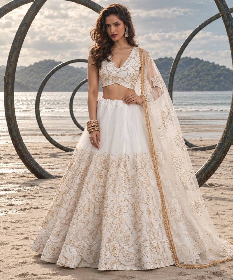 WHITE NET THREAD WITH ZARI AND SEQUIN WORK FESTIVE LEHENGA CHOLI