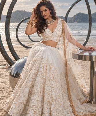 WHITE NET THREAD WITH ZARI AND SEQUIN WORK FESTIVE LEHENGA CHOLI 4