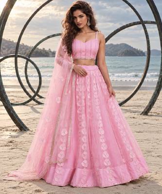 BABY PINK NET THREAD WITH ZARI AND SEQUIN WORK FESTIVE LEHENGA CHOLI 1