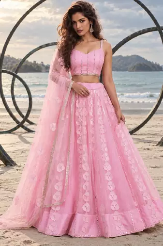 BABY PINK NET THREAD WITH ZARI AND SEQUIN WORK FESTIVE LEHENGA CHOLI
