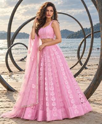 BABY PINK NET THREAD WITH ZARI AND SEQUIN WORK FESTIVE LEHENGA CHOLI 3