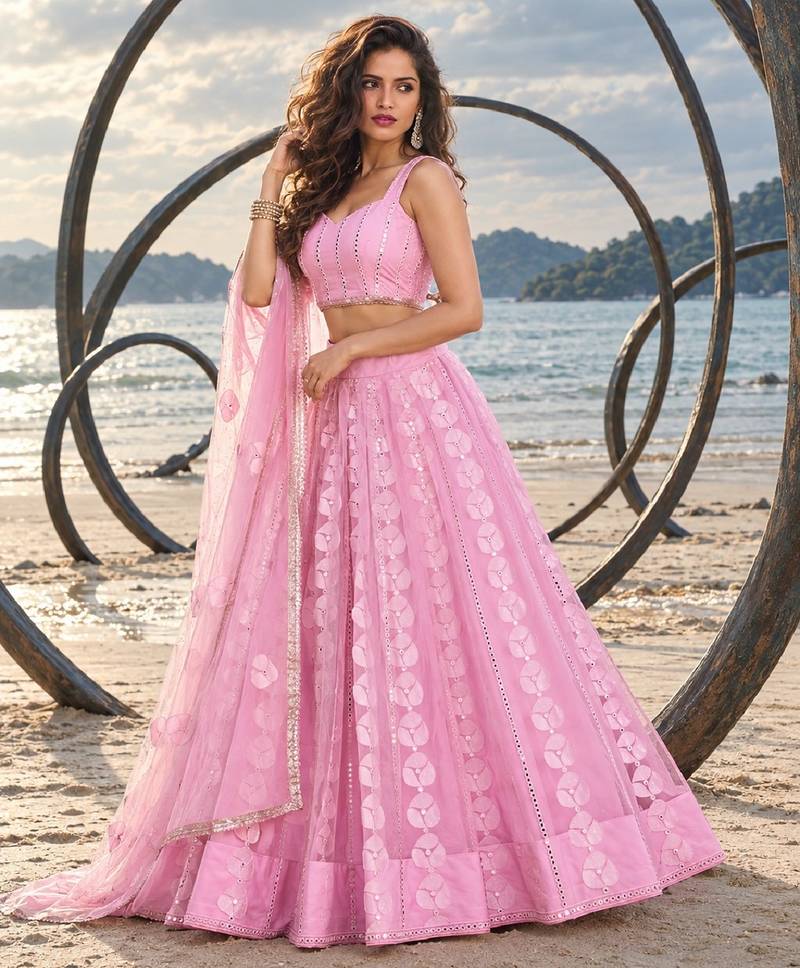 BABY PINK NET THREAD WITH ZARI AND SEQUIN WORK FESTIVE LEHENGA CHOLI