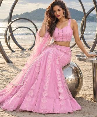 BABY PINK NET THREAD WITH ZARI AND SEQUIN WORK FESTIVE LEHENGA CHOLI 4