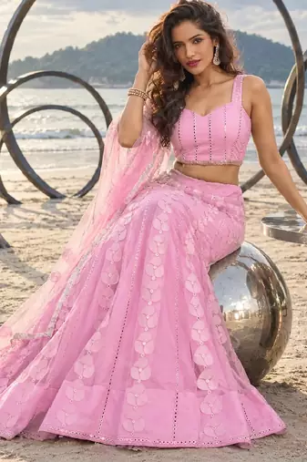 BABY PINK NET THREAD WITH ZARI AND SEQUIN WORK FESTIVE LEHENGA CHOLI